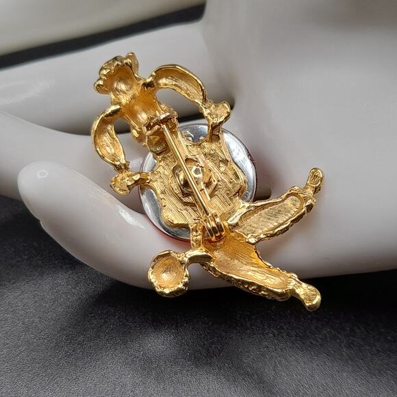 Vintage Poodle Brooch, Gold Tone, Red Glass Cabochon, 1960s Dog Pin - Picture 4 of 10